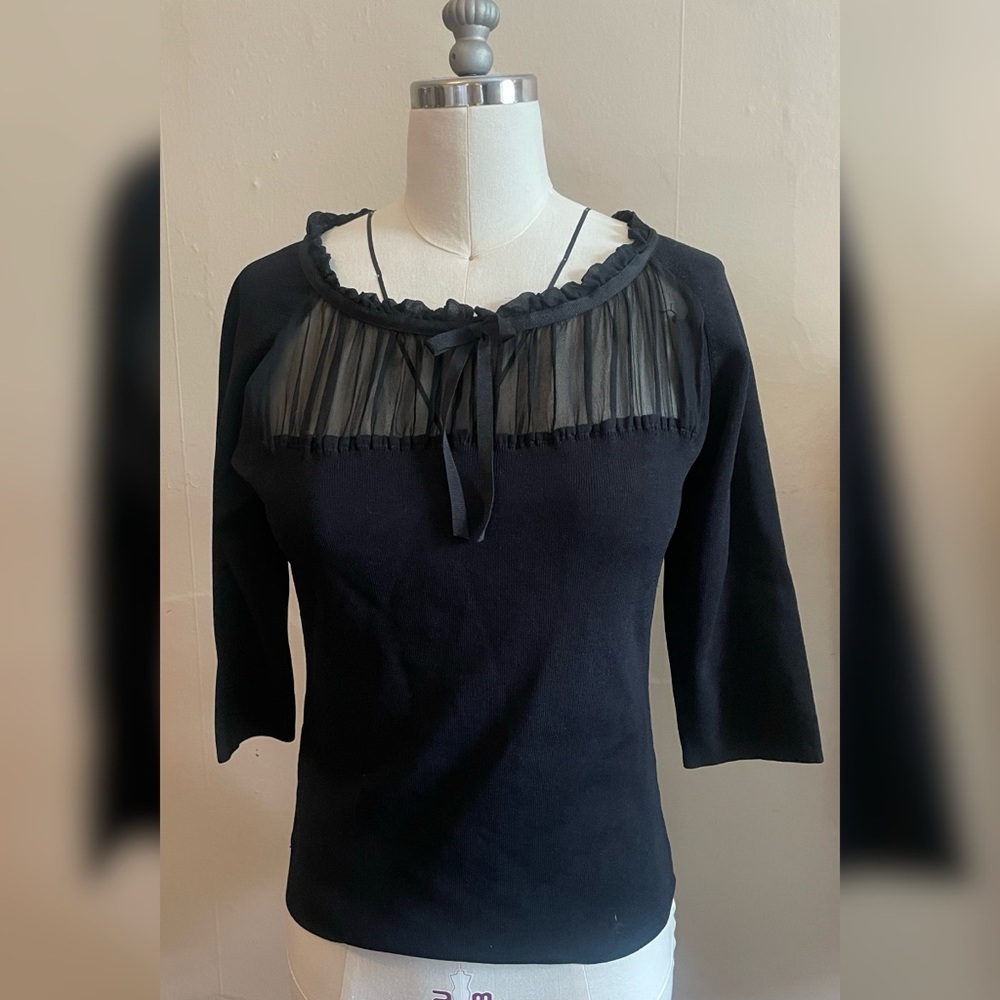 Joseph A. Vintage 90s Stretch 3/4 Sleeve Sheer Panel Bow Ruffle Gathered Top